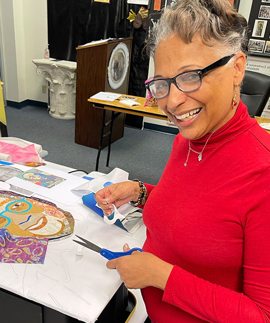 Jan creating fabric art