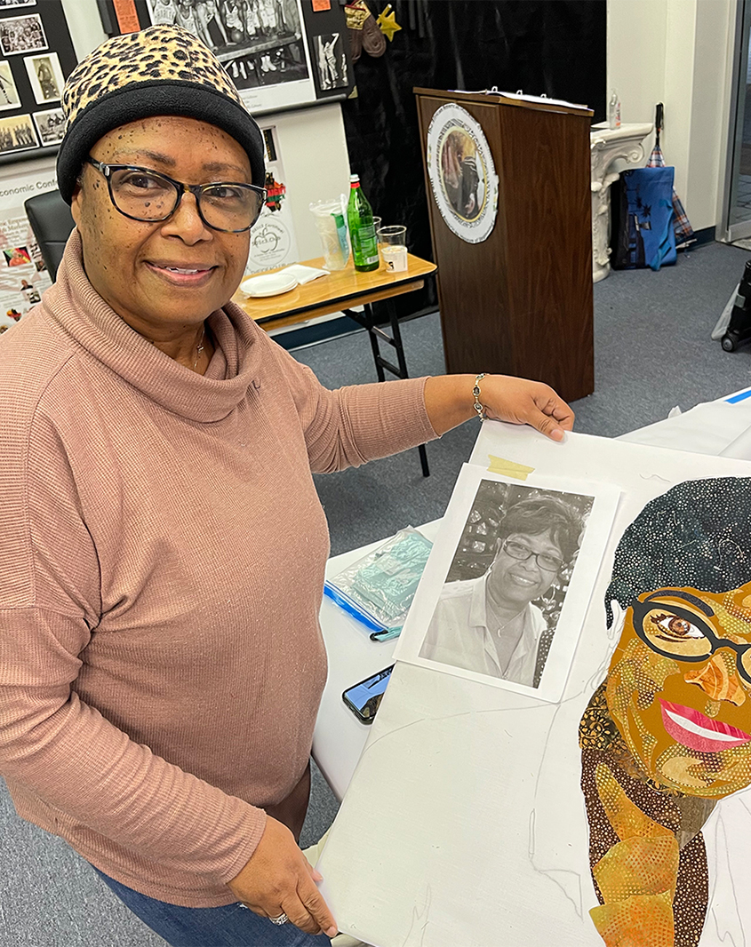 Jeanet in textile workshop